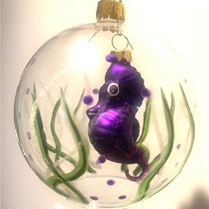 Christmas Ornament Painted 4” Glass Globe w free hanging Purple Seahorse Inside